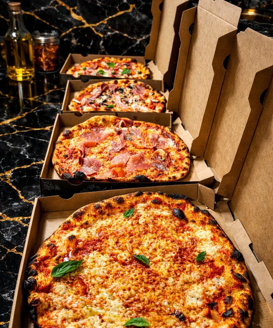 Takeaway pizza boxes ready to go, Tavira